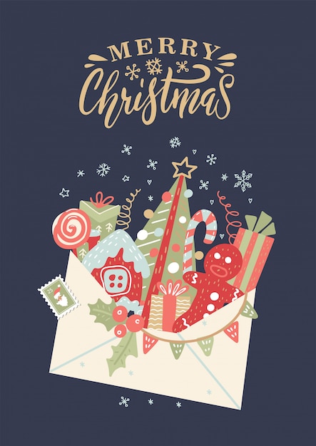 Christmas card with open envelope with gift boxes, bow, candy cane, xmas tree