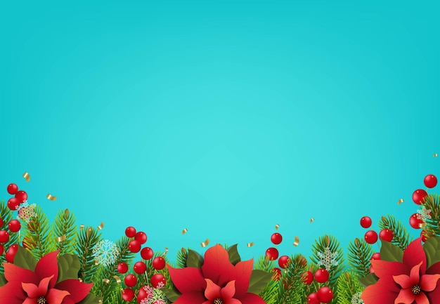 Christmas Card With Poinsettia Border Mint Background With Gradient Mesh, Vector Illustration.