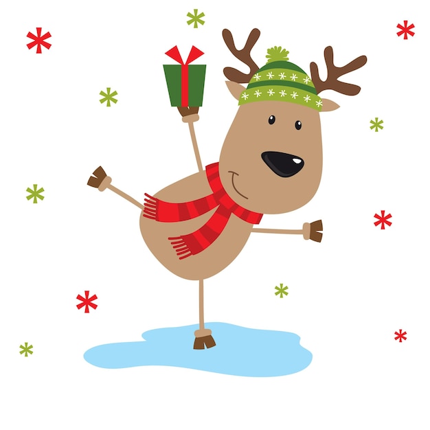 Christmas card with reindeer bring gift design