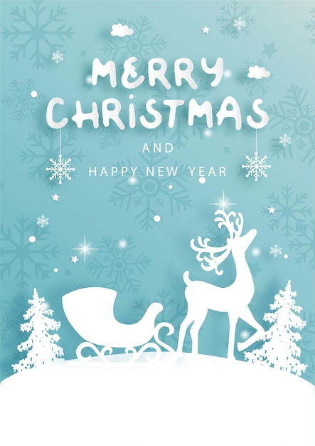 Christmas card with reindeer and Christmas tree.