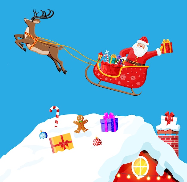 Christmas Card with Rooftop Santa claus with gifts Happy new year decoration Merry christmas holiday New year and xmas celebration Vector illustration in flat style