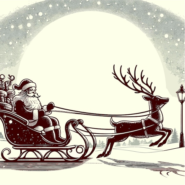 Vector a christmas card with a santa on the back of a sleigh santa claus sitting on a sleigh pulled by a s