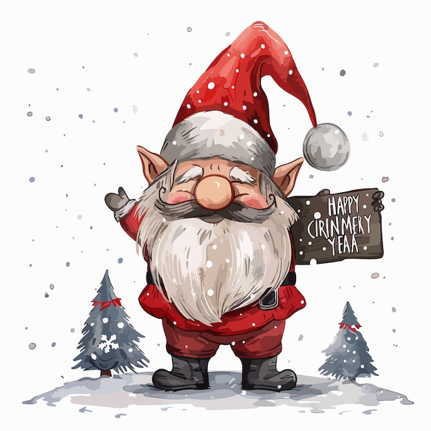 Vector a christmas card with santa claus holding a sign that says merry christmas