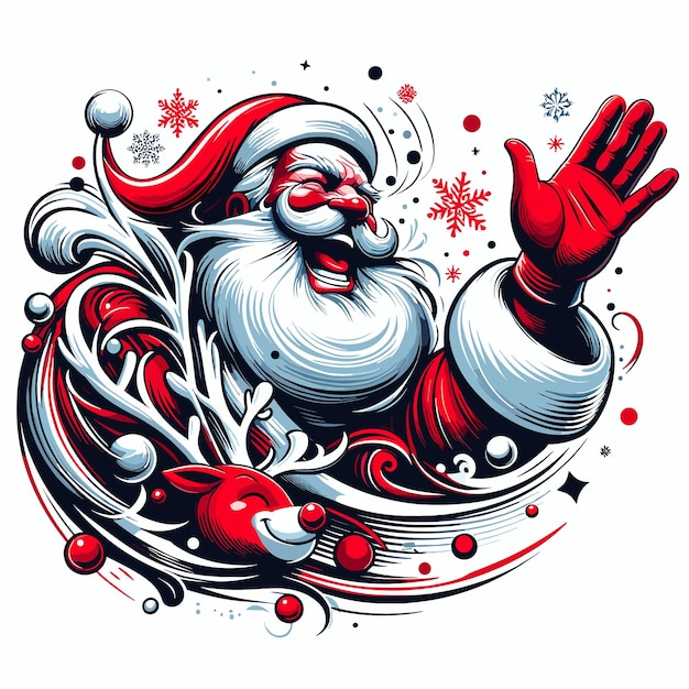 Vector a christmas card with a santa claus santa claus laughing heartily his hand raised in a wave