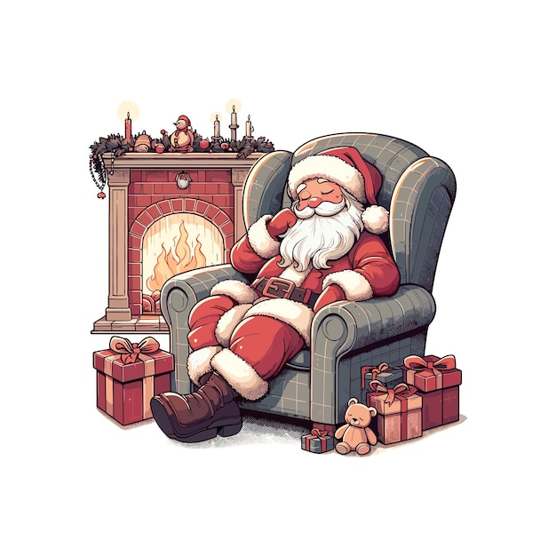 a christmas card with a santa claus sitting in a chair Santa Claus peacefully sleeping in a cozy ar