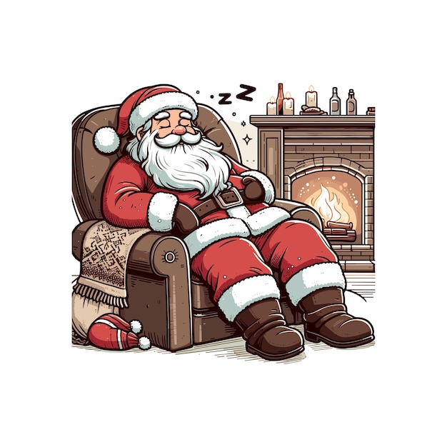 a christmas card with a santa claus sitting in a chair Santa Claus peacefully sleeping