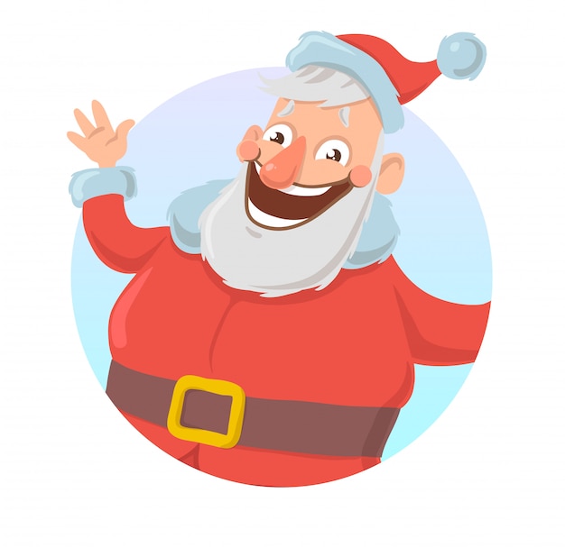 Christmas card with Santa Claus smiling and waving hand. Santa waves hello.  on white background. Round  element. Cartoon character  illustration.