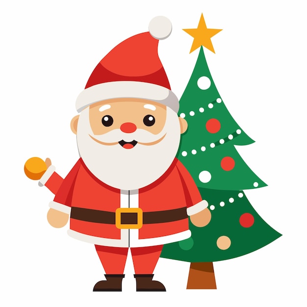 Vector a christmas card with a santa claus standing next to a christmas tree