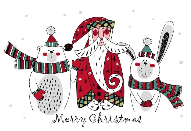 Christmas card with Santa Claus and winter animals hare and bear Doodle style Vector