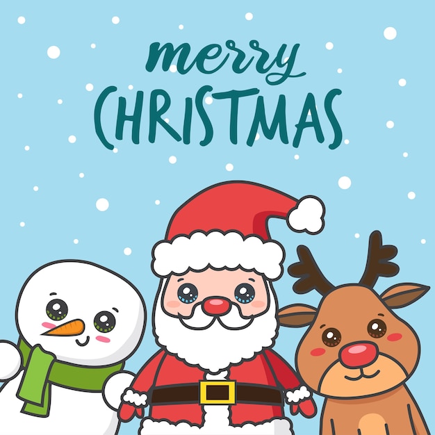 Christmas card with Santa Claus with deer and snowman