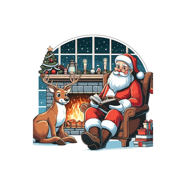 a christmas card with a santa reading a book Santa Claus and a reindeer relaxing by a fireplace