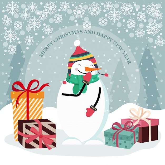 Christmas card with snowman and gift boxes