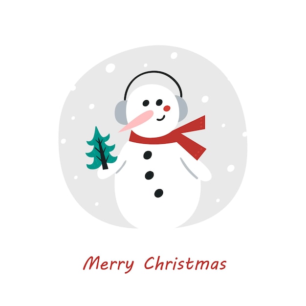 Christmas card with a snowman holding a Christmas tree