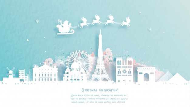 Christmas card with travel to Paris, France concept. Cute Santa and reindeer. World famous landmark