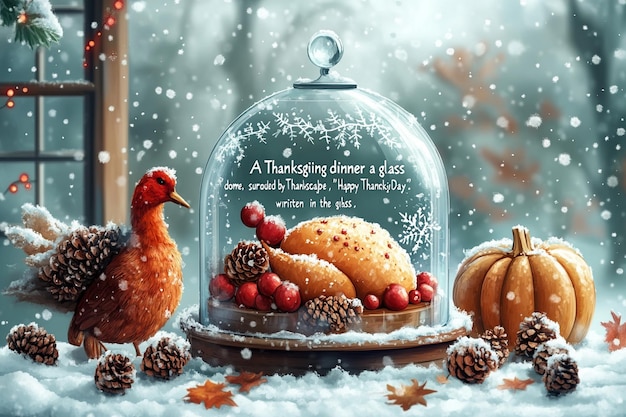 Vector a christmas card with a turkey and pumpkins in the snow