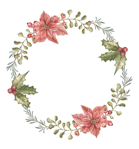 Christmas card wreath New Year watercolor illustration