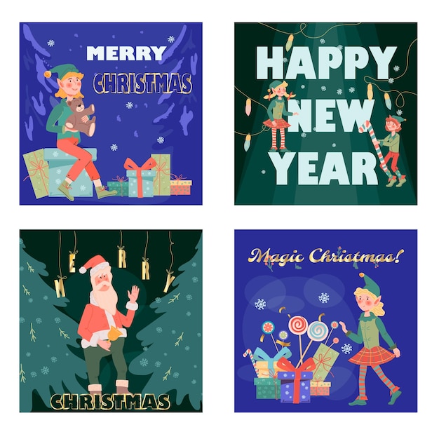 Christmas cards or banners set with happy Christmas elves and Santa flat vector