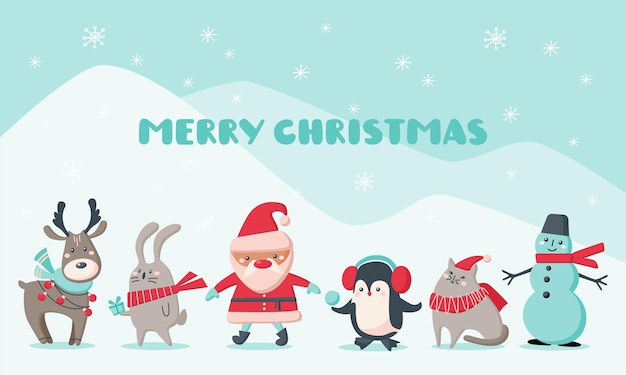 Christmas cards with cute animals and Santa Claus. Characters reindeer, snowman, Santa Claus, penguin, cat, rabbit with snowflakes. Vector flat illustration.  Design for greeting card, banner