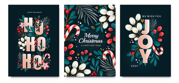 Christmas cards with ornaments of branches, berries and leaves. A set of cards with holiday greetings.