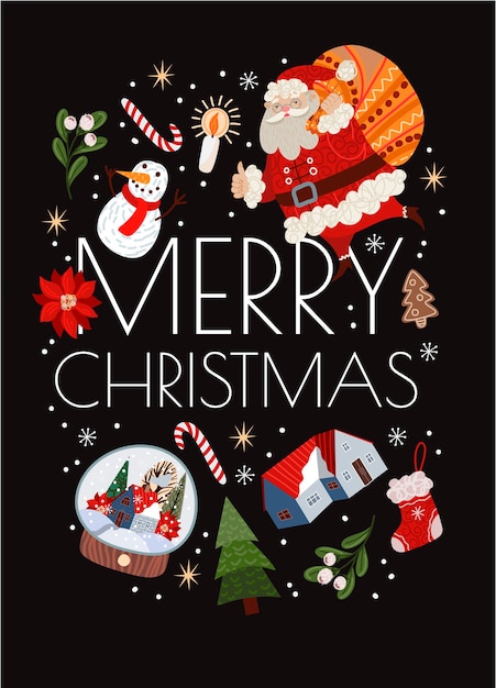 Christmas cards with simple cute illustrations of Santa Claus and holiday decor. 