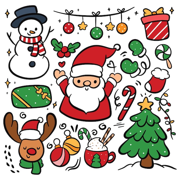 Christmas Cartoon Concept Hand Drawn Doodle Elements Vector Illustration