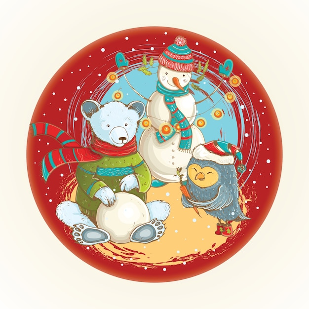 christmas Cartoon illustration of sculpt of snowman in winter with funny animals.