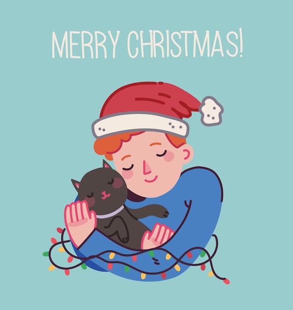 Christmas cat merry Christmas illustrations of boy hugging cats