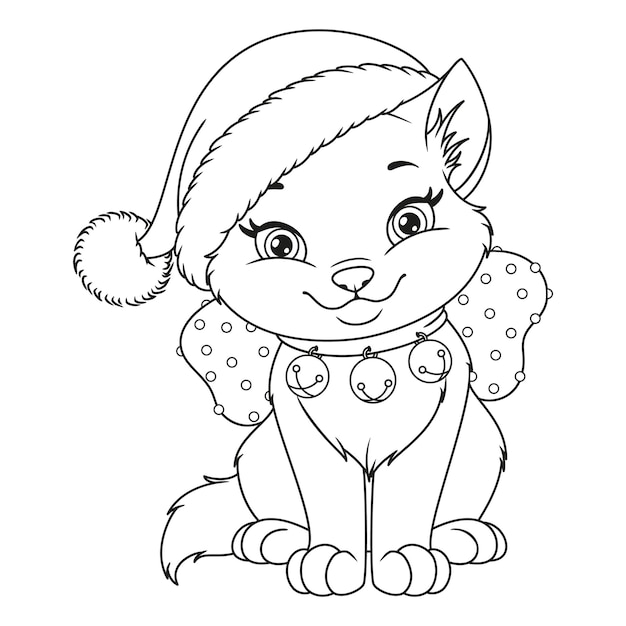 Christmas cat with Santa hat Coloring Page