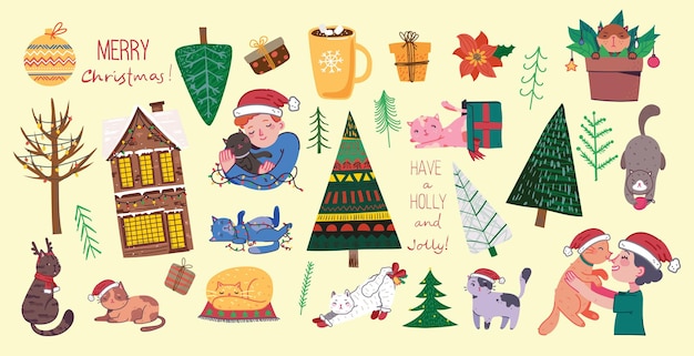 Christmas cats, Merry Christmas illustrations of boy and girl hugging cats, young boy and girl with pet, christmas tree, house, gifts in flat cartoon style.