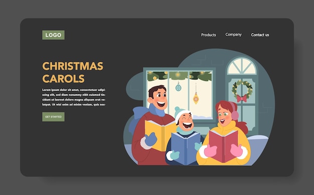 Vector christmas celebration dark mode or night mode web banner or landing page family of mother father and