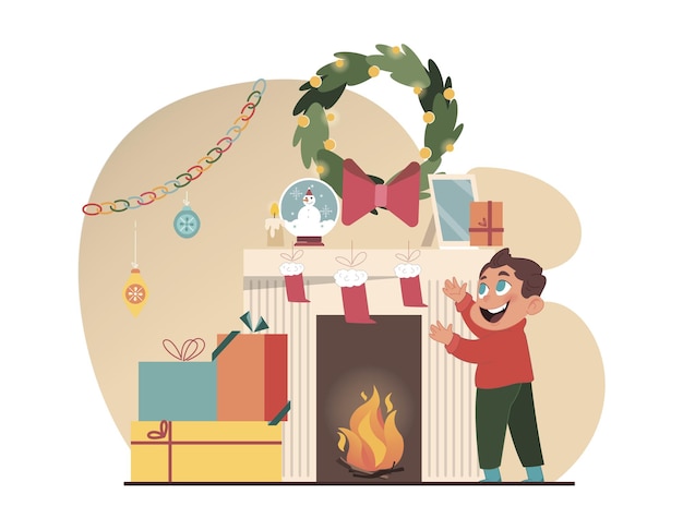 Vector christmas celebration happy boy at fireplace decorated for christmas child checking christmas