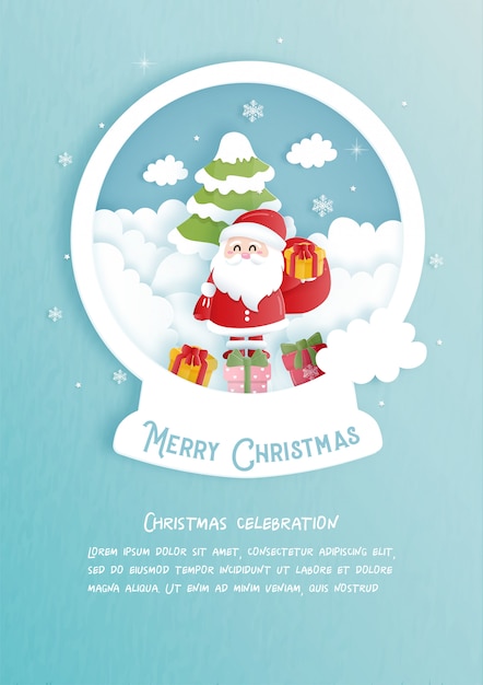 Christmas celebrations with cute Santa for Christmas card in paper cut style. 