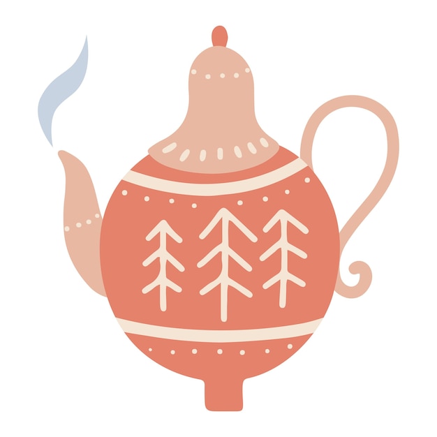 Christmas Ceramic teapot . Cute tea kettle in retro style. Hand drawn kitchen crockery. Graphic textured teakettle isolated element. Vector flat hand drawn Illustration. Only 5 colors,Easy to recolor.