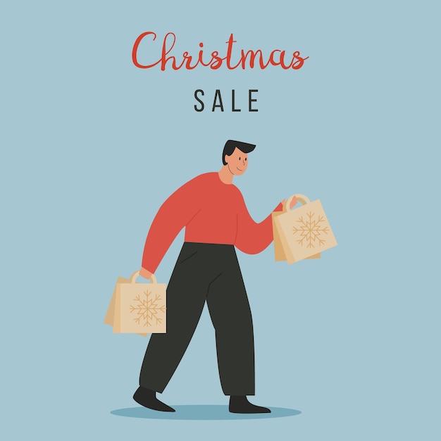 A christmas character rushing with shopping bags young man carrying shopping bags with purchases