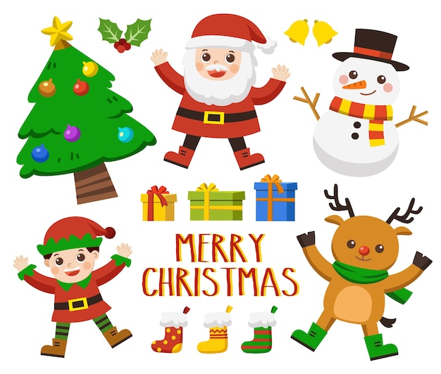 Christmas character set [Deer, Santa, Elf ,Tree and snowman] Set of Happy Merry Christmas.