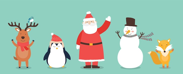 Christmas characters, snowmen, Santa Claus, fox, penguin, reindeer and raccoon