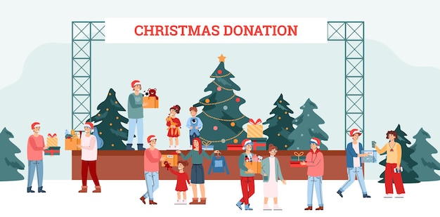 Christmas charity and donation event with volunteers vector illustration