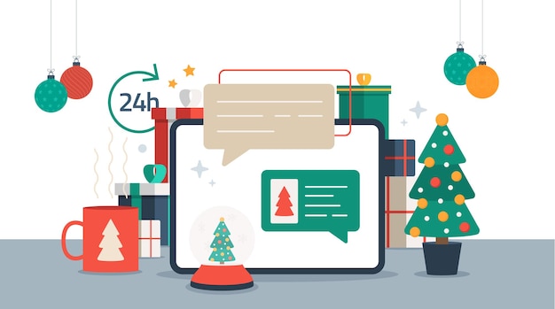 Christmas chatting on tablet. Chat messages on computer online vector illustration, flat cartoon workspace or working desk laptop pc with chatting bubble notifications