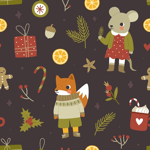 Christmas childish pattern with cute animals.