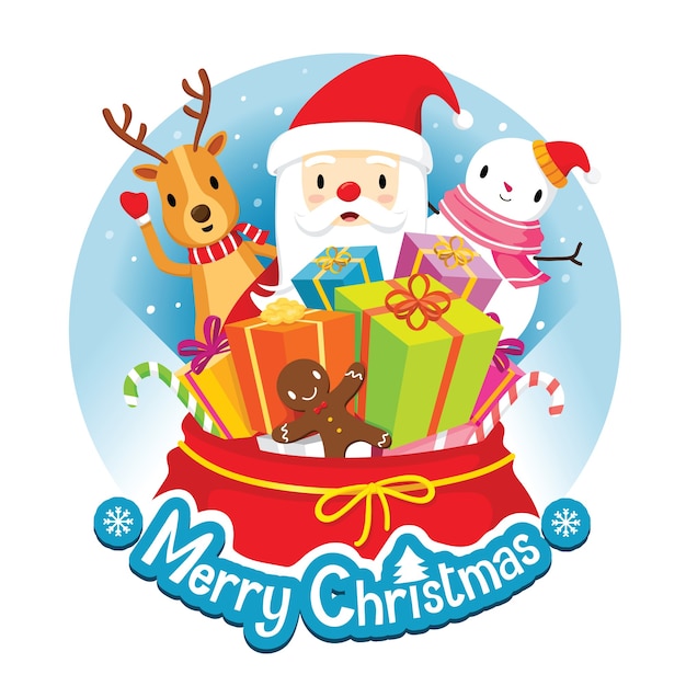 Christmas Circle Banner And Decoration With Santa Claus, Reindeer, Snowman And Gifts