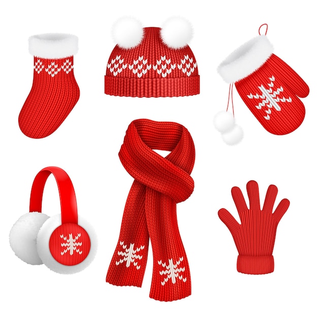 Vector christmas clothes winter clothing santa snow outfit for xmas holiday 3d beanie mittens socks scarves knit cloth knitting red hat and fur scarf isolated decent vector illustration