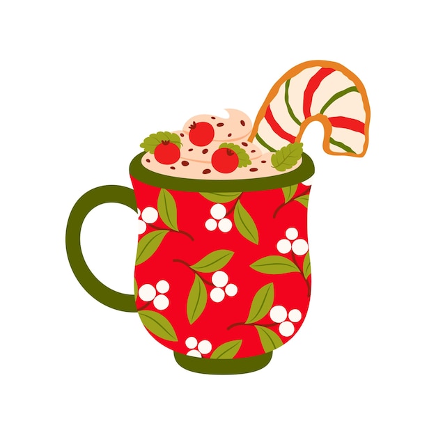 Christmas coffee cup eggnog drink in cartoon style