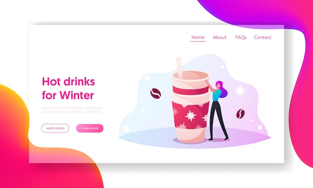 Christmas Coffee Landing Page Template. Woman Stand at Paper Disposable Mug with Hot Drink for Xmas Beverage, Cocoa. Tiny Female Character Decorate Huge Cup. Cartoon People Vector Illustration