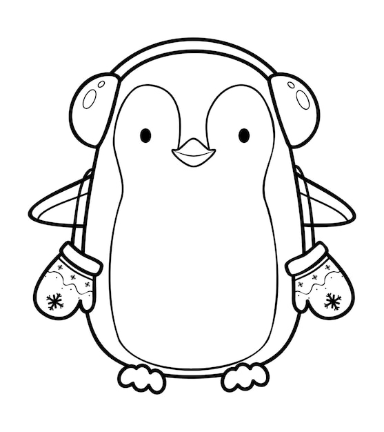 Christmas coloring book or page. Christmas penguin black and white vector illustration