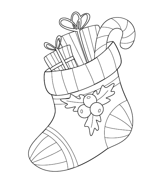 Christmas coloring book with gifts and a candy cane in a stocking Contour New Years drawing