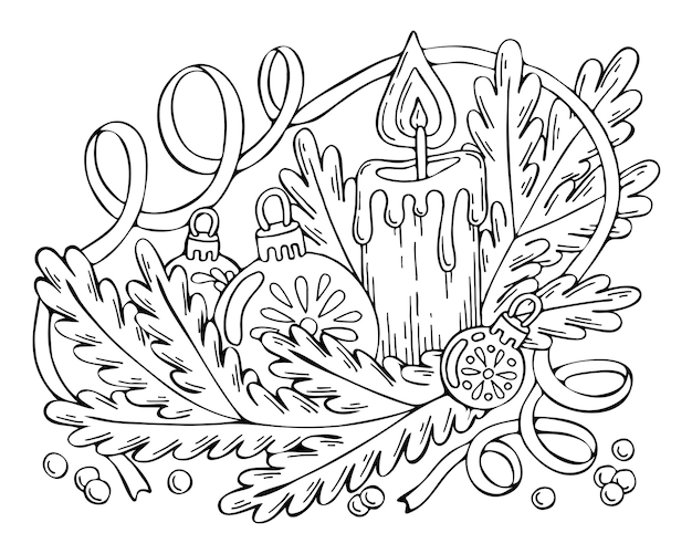 Christmas coloring page Burning candle with fir branches and toys Hand drawn line art winter vector illustration Happy holiday