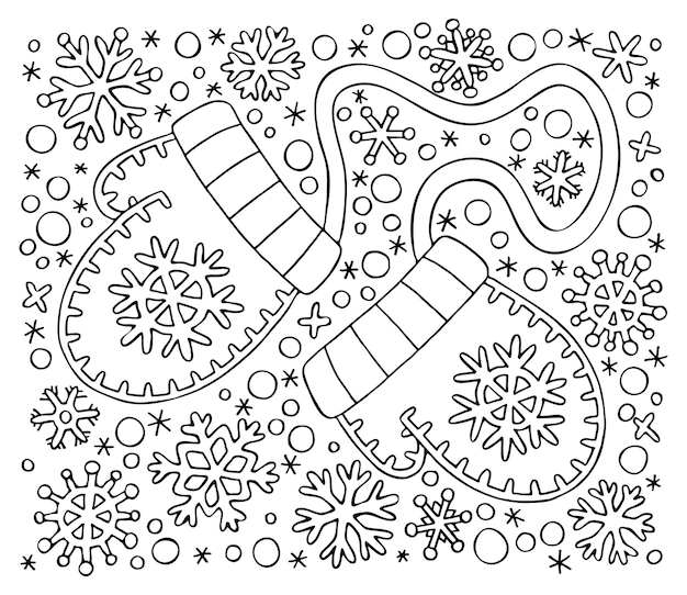 Christmas coloring page Knitted warm mittens on a background of snowflakes Hand drawn line art winter vector illustration Happy holiday