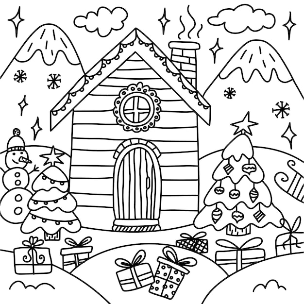 Christmas coloring page outdoor with christmas tree and house