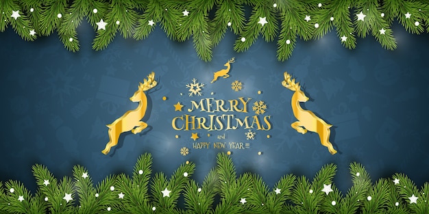 Christmas Composition. Holiday Wishes on Blue Background with Fir Branches and Golden Deers