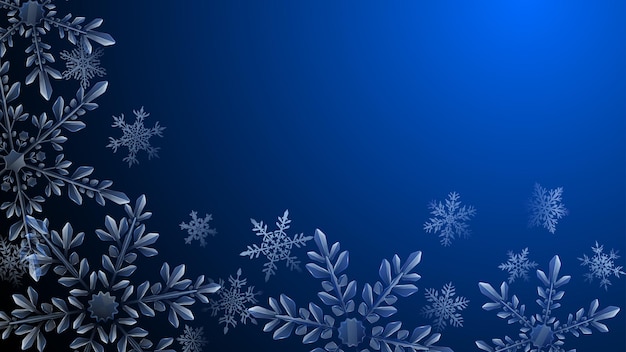 Christmas composition of large complex transparent snowflakes in light blue colors on dark gradient background. Transparency only in vector format